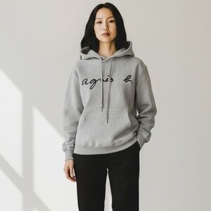 Agnes B. Womens / Men’s VINTAGE Embroidered Logo Hoodie. Grey. Medium. #709